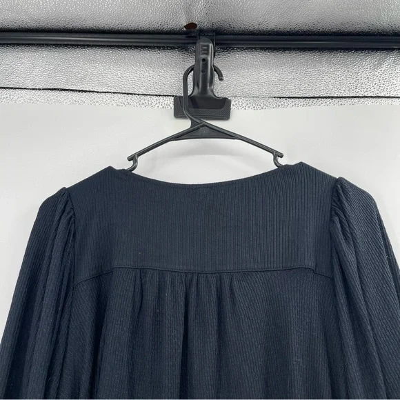 Free People Devin Black Balloon Sleeve Henley Oversized Textured Knit Top - Picture 10 of 13